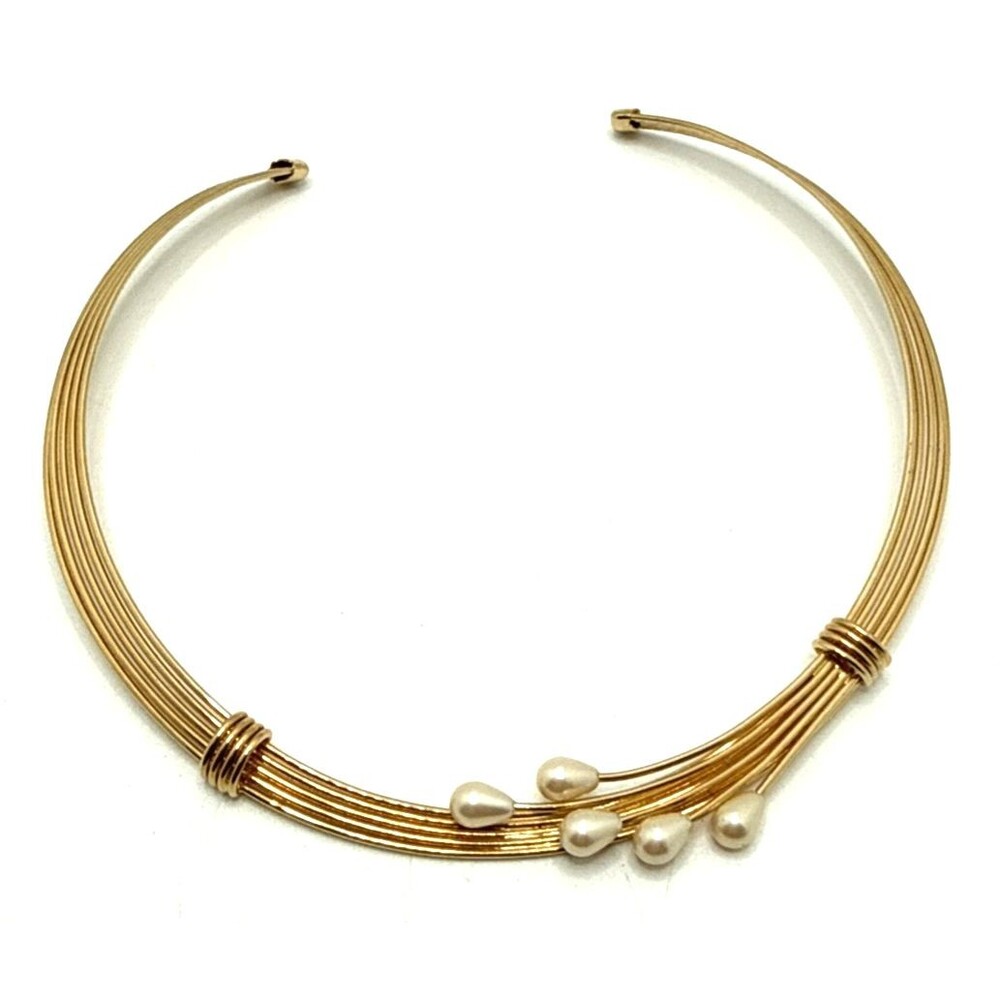 Vintage Multi Wire Collar Choker Necklace Gold Tone Faux Pearl Statement 17.5"